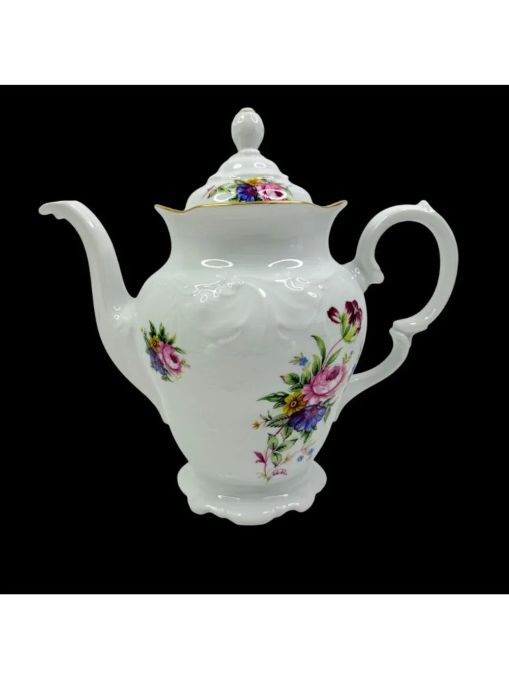 Vtg Royal Kent Poland Floral Teapot Porcelain Coffee Pot Rose Gold Trim Embossed